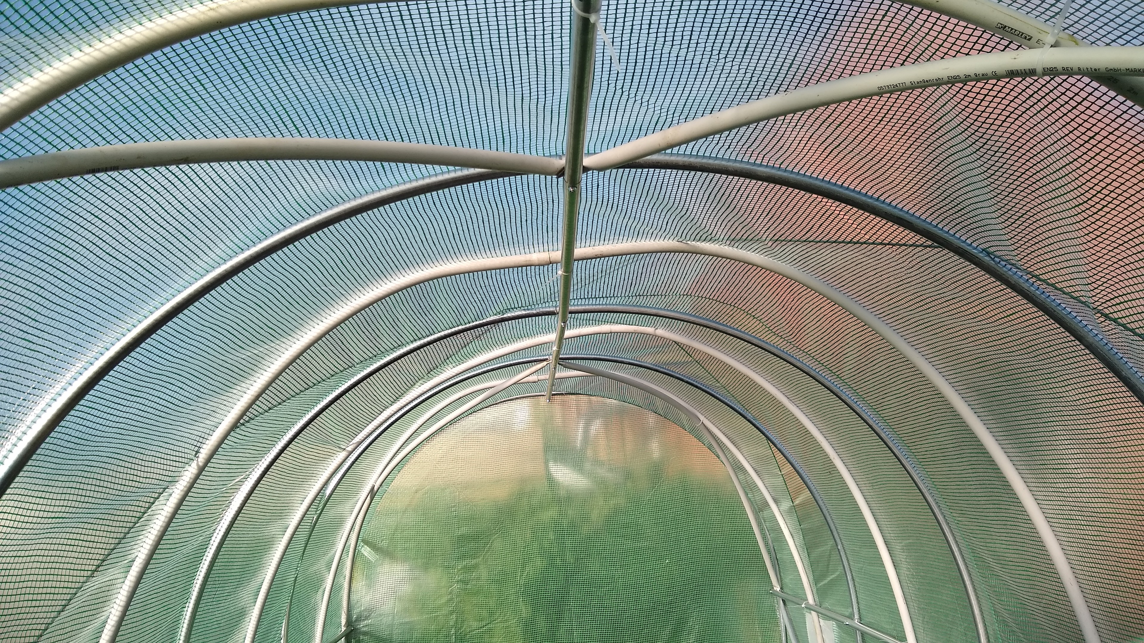 metal construction of polytunnel re-enforced with additional plastic and metal pipes