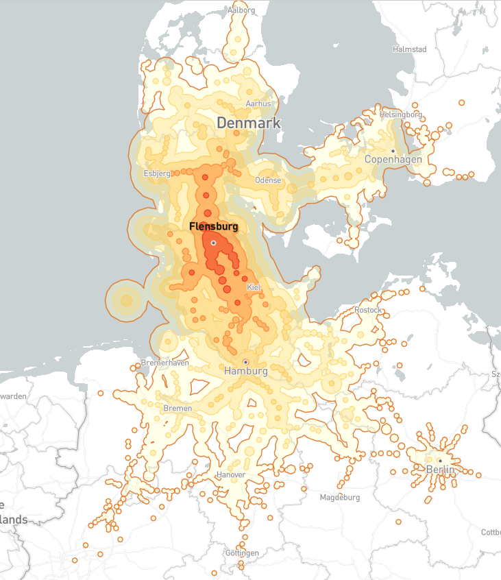map showing the places you can reach by train from Flensburg/Germany within 5hrs.