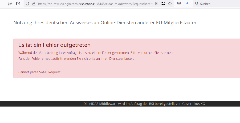 Error message following a white screen after choosing Germany.