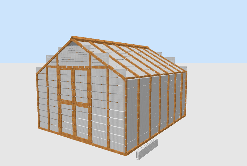3D sketch of a greenhouse with wooden frame