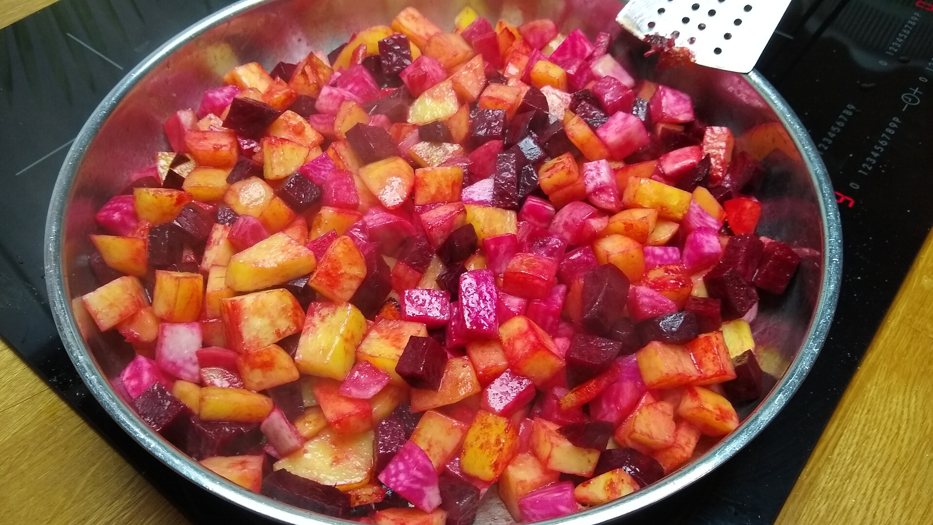 beetroot and potatoes diced in frying pan