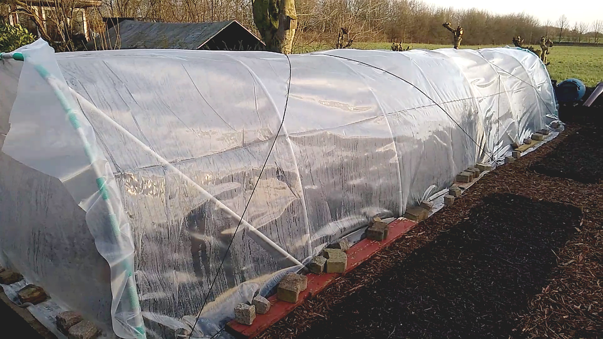 Mini polytunnel secure against wind with boards and stones